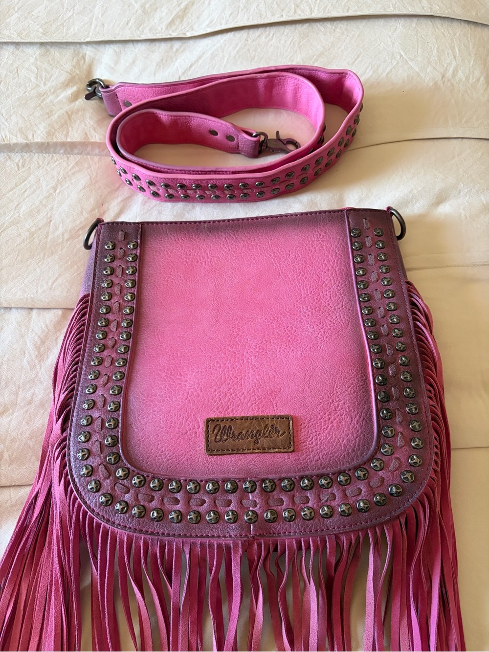 Wrangler Hot Pink Fringe Crossbody with Studded Trim